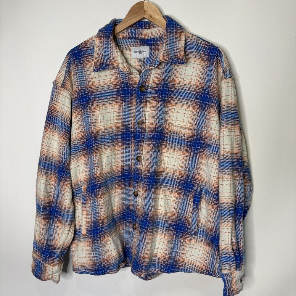 Goodfellow Co Heavyweight Flannel Shirt Shacket Blue Orange Plaid Men XL